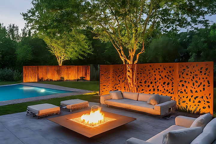 backyard with furniture, a pool, and a tree