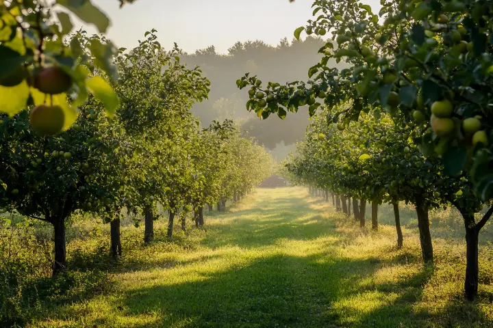 Healthy apple trees on California farm. The benefits of fertilizing your trees in spring include improved growth, healthier fruit yield, and stronger defenses against disease and environmental stresses.